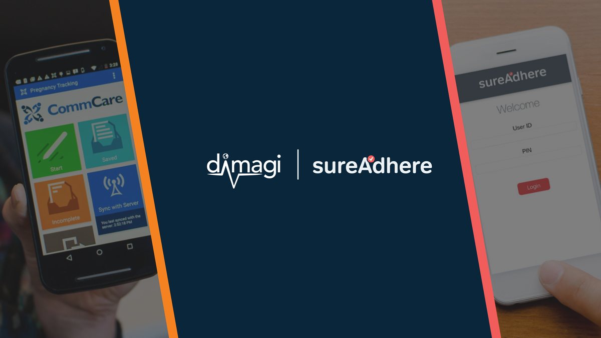 Dimagi acquires SureAdhere announcement graphic